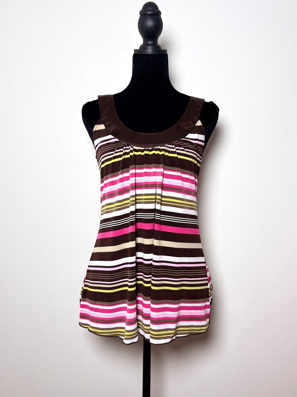 Vtg Y2K Iz Byer Brown Pink Green Striped Satin Trim Halter Neck Tank Top